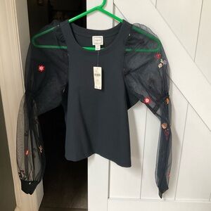 Maeve Black Puff-Sleeve Top with Floral Embroidery Anthropologie XXS